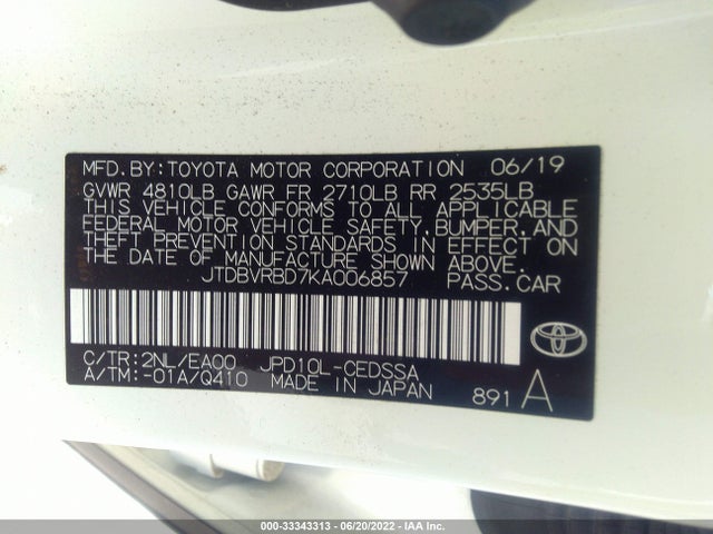 2019 Toyota Mirai, VIN: JTDBVRBD7KA006857