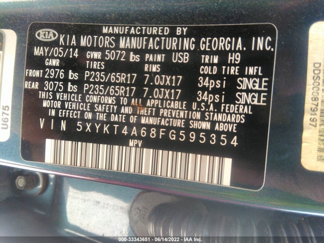 2015 KIA SORENTO VIN: 5XYKT4A68FG595354