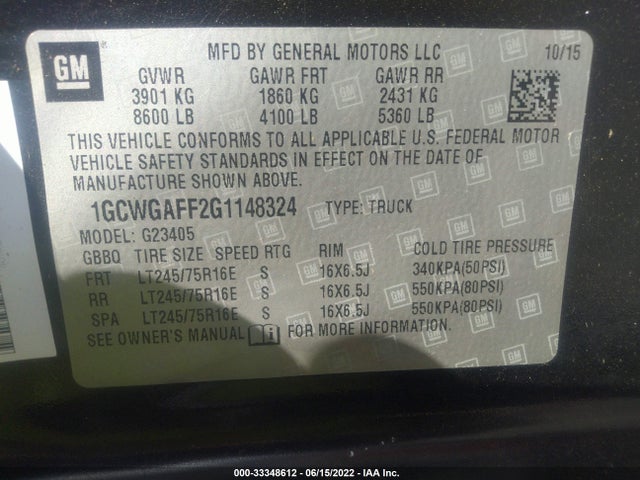 2016 Chevrolet Express, VIN: 1GCWGAFF2G1148324