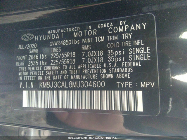 2021 HYUNDAI TUCSON VIN: KM8J3CAL8MU304600