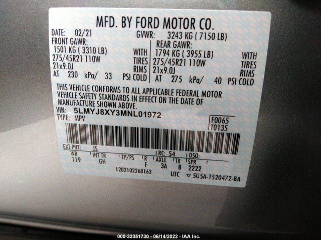 2021 Lincoln Aviator, VIN: 5LMYJ8XY3MNL01972