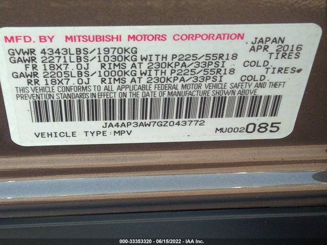 JA4AP3AW7GZ043772 Mitsubishi Outlander Sport 2.4