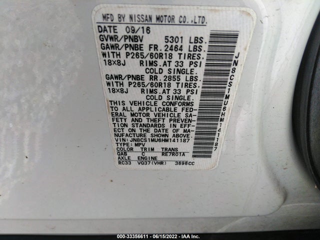 2017 Infiniti QX70, VIN: JN8CS1MU6HM141187