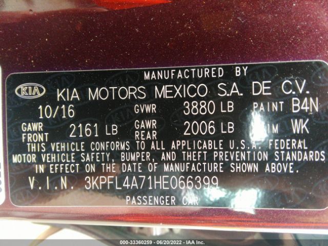 3KPFL4A71HE066399 KIA FORTE LX