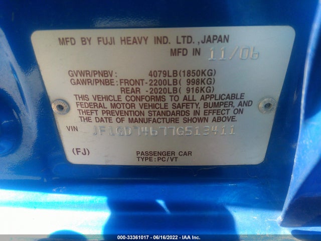 Subaru IMPREZA SEDAN WRX 2007 JF1GD74677G513411 Image 9