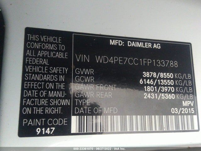 2015 Mercedes-Benz Sprinter, VIN: WD4PE7CC1FP133788