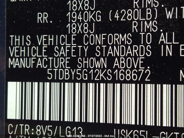 2019 Toyota Sequoia, VIN: 5TDBY5G12KS168672
