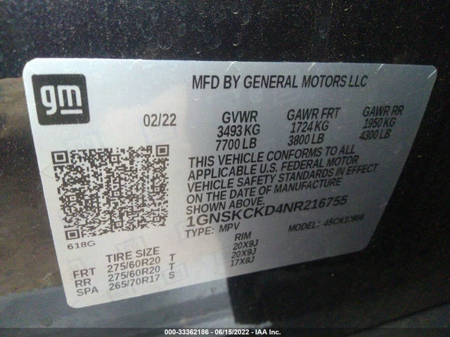 2022 Chevrolet Suburban, VIN: 1GNSKCKD4NR216755