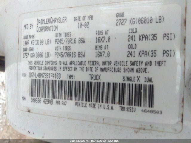 Dodge DAKOTA SLT 2003 1D7HL48N73S174163 Image 10