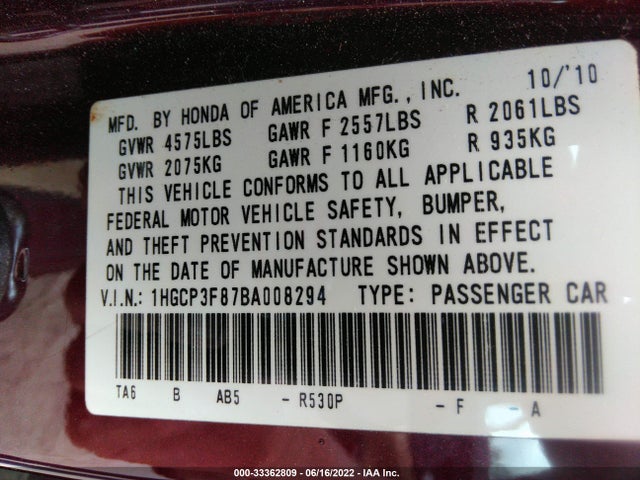 Honda Accord Sdn Ex-l 2011 1HGCP3F87BA008294 Image 9