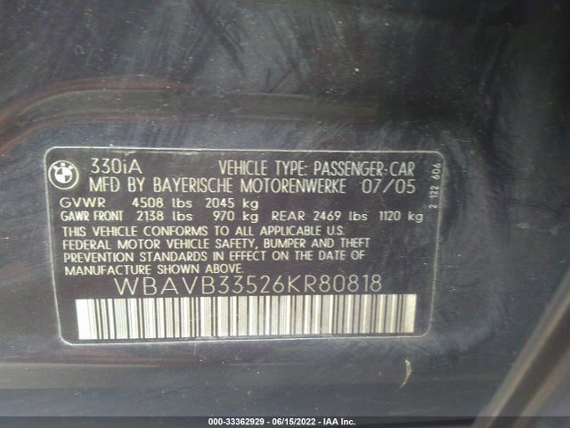 Aukcja sprzedaży 2006 Bmw 3 Series 330i, vin: WBAVB33526KR80818, numer aukcji: 33362929
