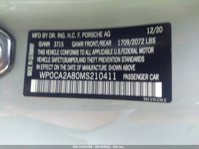 2021 Porsche 718, VIN: WP0CA2A80MS210411