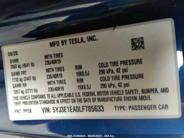 Tesla MODEL 3 2020 5YJ3E1EA0LF785633 Image 10