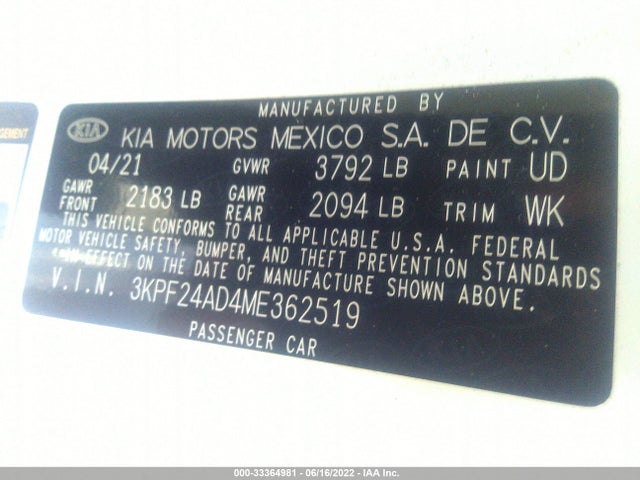 2021 KIA FORTE VIN: 3KPF24AD4ME362519