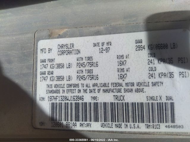 1998 DODGE RAM 1500 VIN: 1B7HF13Z0WJ163946