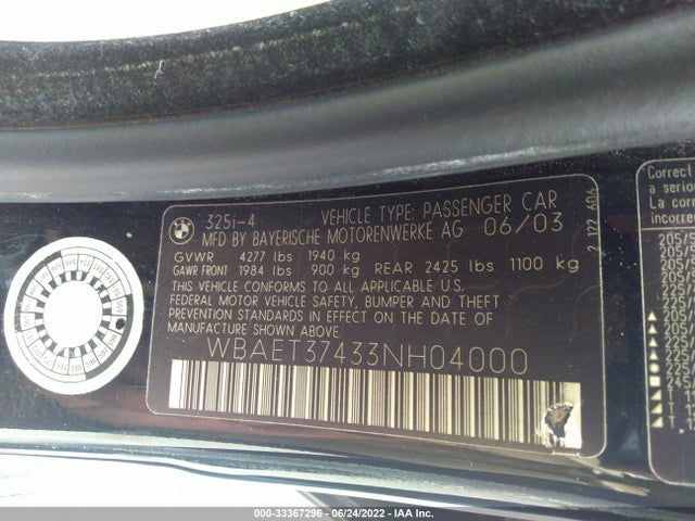 2003 BMW 3 SERIES 325I VIN: WBAET37433NH04000