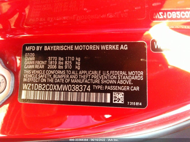 2021 Toyota Supra, VIN: WZ1DB2C0XMW038374