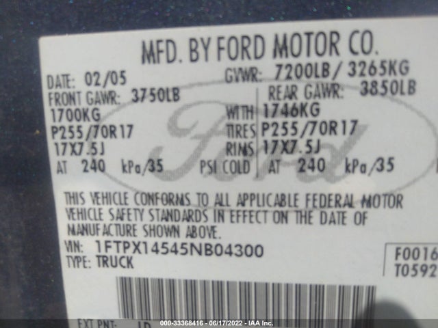 2005 FORD F-150 XLT/FX4/LARIAT/XL VIN: 1FTPX14545NB04300