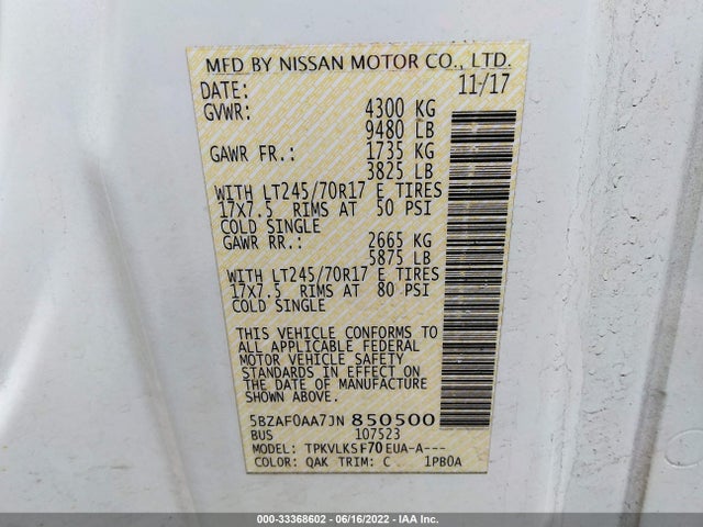 2018 Nissan NV, VIN: 5BZAF0AA7JN850500