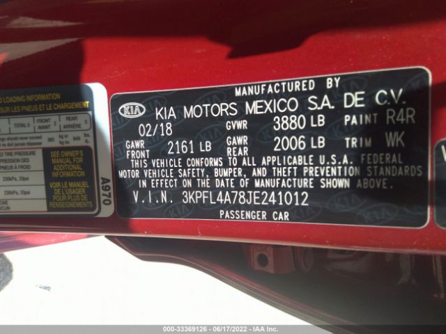 3KPFL4A78JE241012 KIA FORTE S
