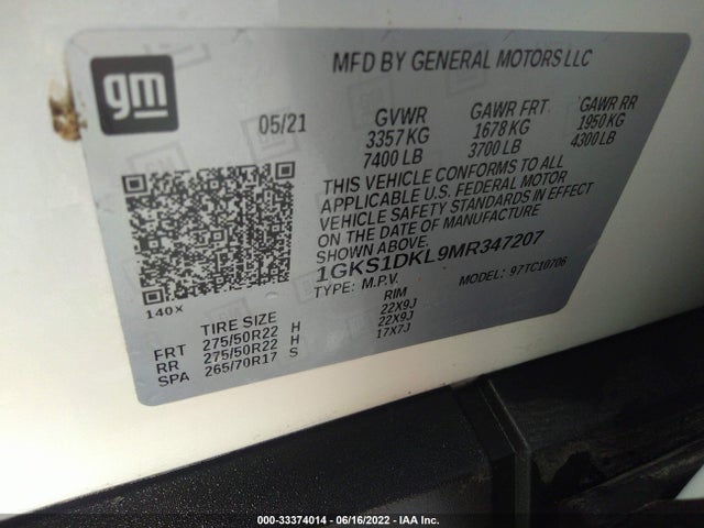 2021 GMC Yukon, VIN: 1GKS1DKL9MR347207