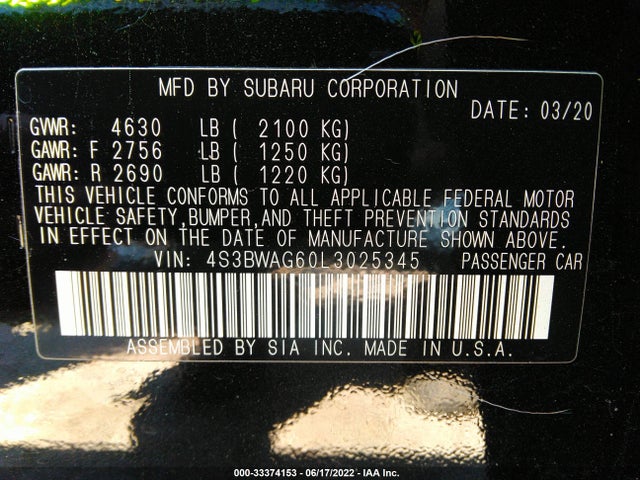 2020 SUBARU LEGACY SPORT VIN: 4S3BWAG60L3025345