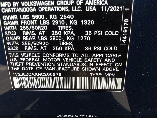 1V2JE2CAXNC205979 Volkswagen Atlas Cross Sport 3.6l V6 Se W/technology