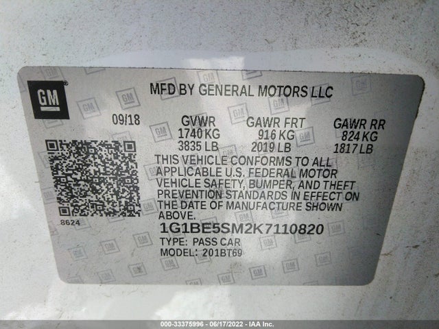 Chevrolet CRUZE LT 2019 1G1BE5SM2K7110820 Image 9
