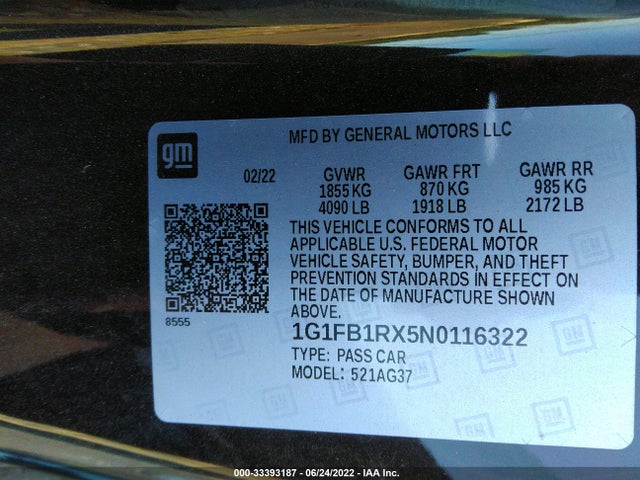 2022 Chevrolet Camaro, VIN: 1G1FB1RX5N0116322