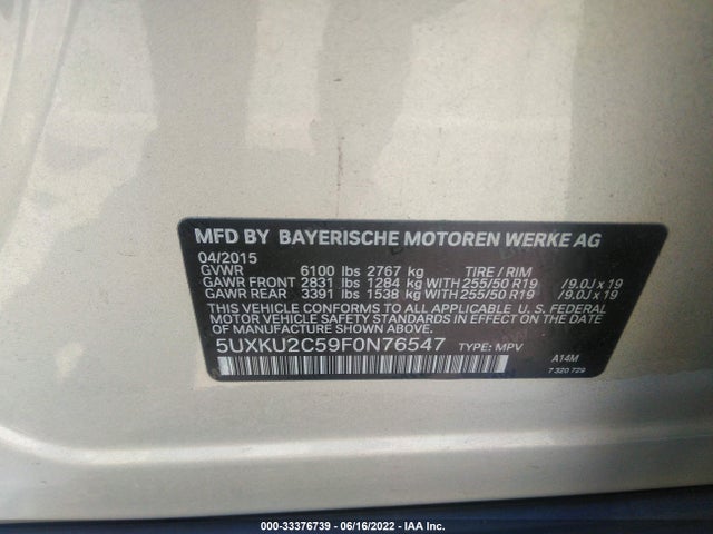 2015 BMW X6, VIN: 5UXKU2C59F0N76547