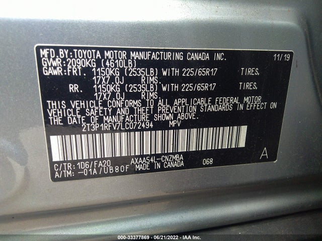 2020 Toyota RAV4, VIN: 2T3P1RFV7LC072494