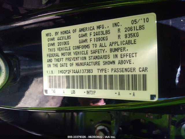 2010 HONDA ACCORD SDN EX VIN: 1HGCP2F74AA137383