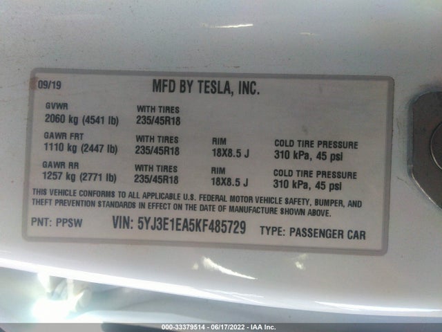 2019 Tesla 3, VIN: 5YJ3E1EA5KF485729