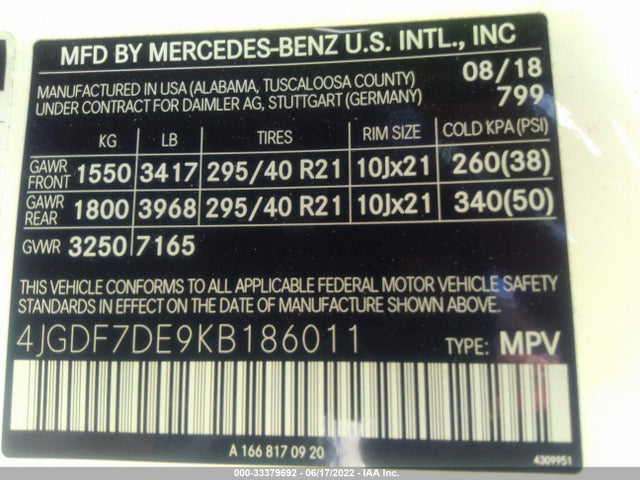 2019 Mercedes-Benz GLS-Class, VIN: 4JGDF7DE9KB186011