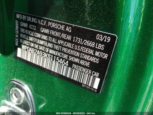 2019 Porsche 911, VIN: WP0AB2A93KS115464