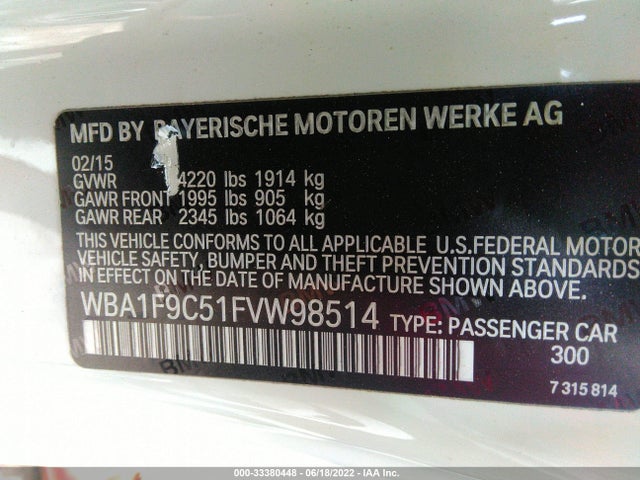 2015 BMW 2 Series, VIN: WBA1F9C51FVW98514