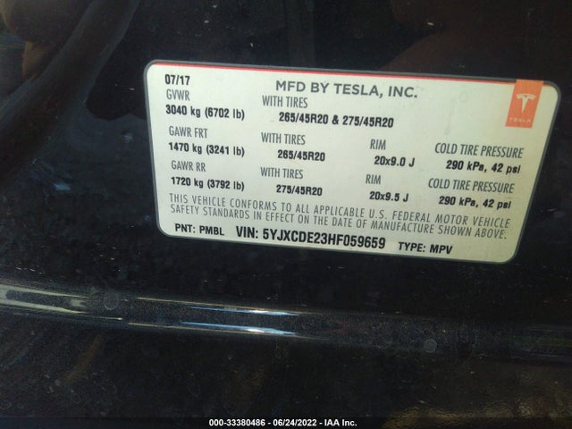 2017 Tesla Model X, VIN: 5YJXCDE23HF059659