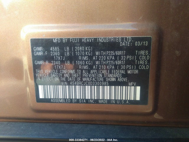 2013 SUBARU OUTBACK 2.5I LIMITED VIN: 4S4BRCJC0D3300985