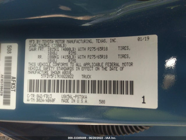 2019 Toyota Tundra, VIN: 5TFDY5F17KX822022