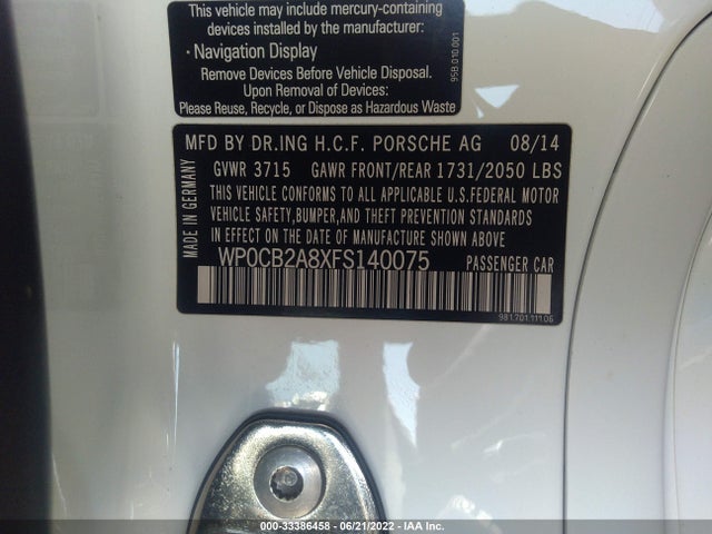 2015 Porsche Boxster, VIN: WP0CB2A8XFS140075