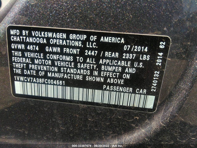 2015 Volkswagen CC, VIN: 1VWCV7A38FC004561