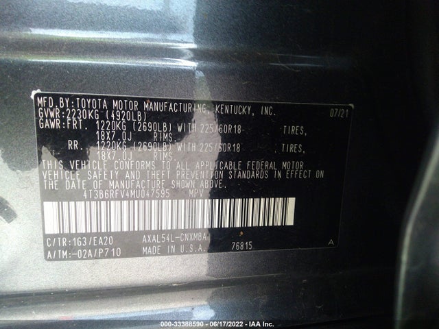 2021 TOYOTA RAV4 HYBRID VIN: 4T3B6RFV4MU047595