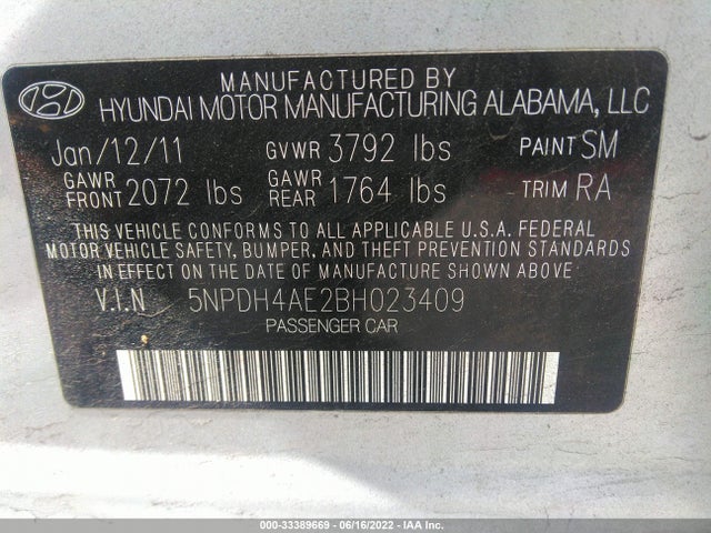 2011 HYUNDAI ELANTRA GLS VIN: 5NPDH4AE2BH023409