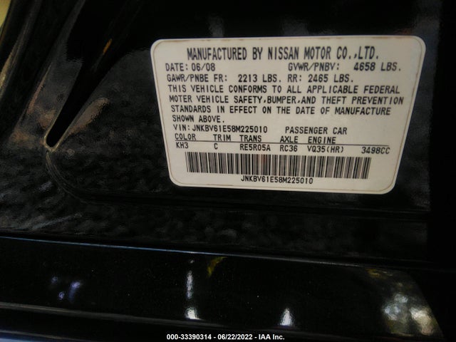 2008 INFINITI G35 SEDAN JOURNEY VIN: JNKBV61E58M225010