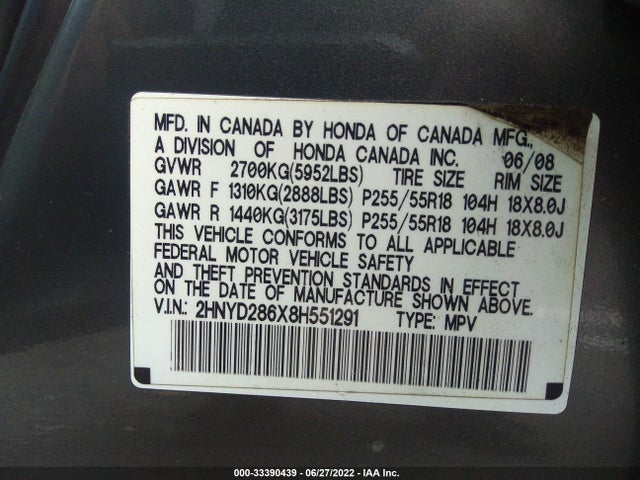 2HNYD286X8H551291 Acura Mdx Tech/pwr Tail Gate