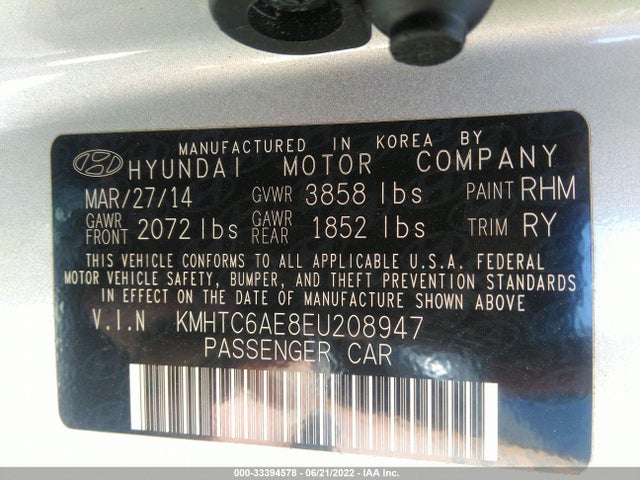 2014 HYUNDAI VELOSTER TURBO VIN: KMHTC6AE8EU208947