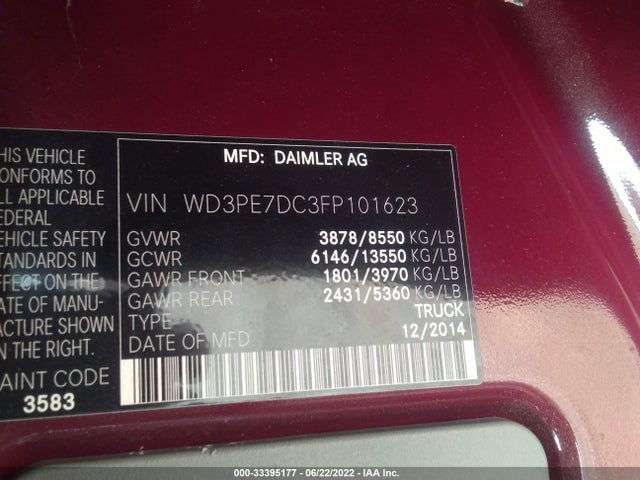 2015 Mercedes-Benz Sprinter, VIN: WD3PE7DC3FP101623