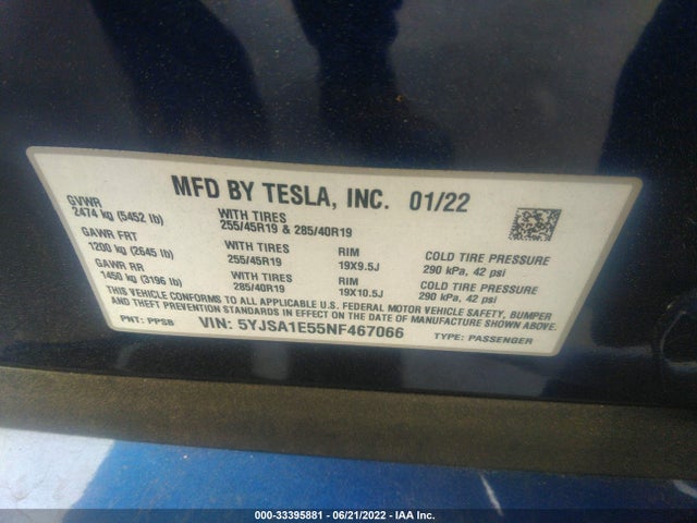2022 Tesla Model S, VIN: 5YJSA1E55NF467066