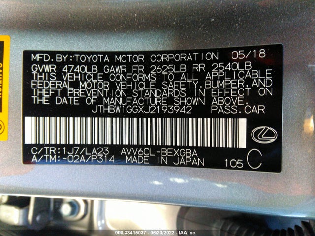 2018 Lexus ES, VIN: JTHBW1GGXJ2193942
