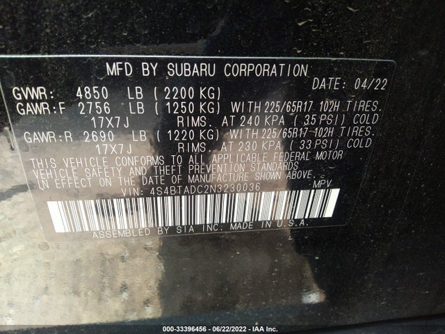 2022 SUBARU OUTBACK PREMIUM VIN: 4S4BTADC2N3230036